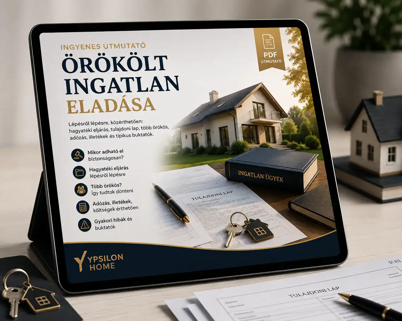 Örökölt ingatlan eladása PDF útmutató tablet mockup