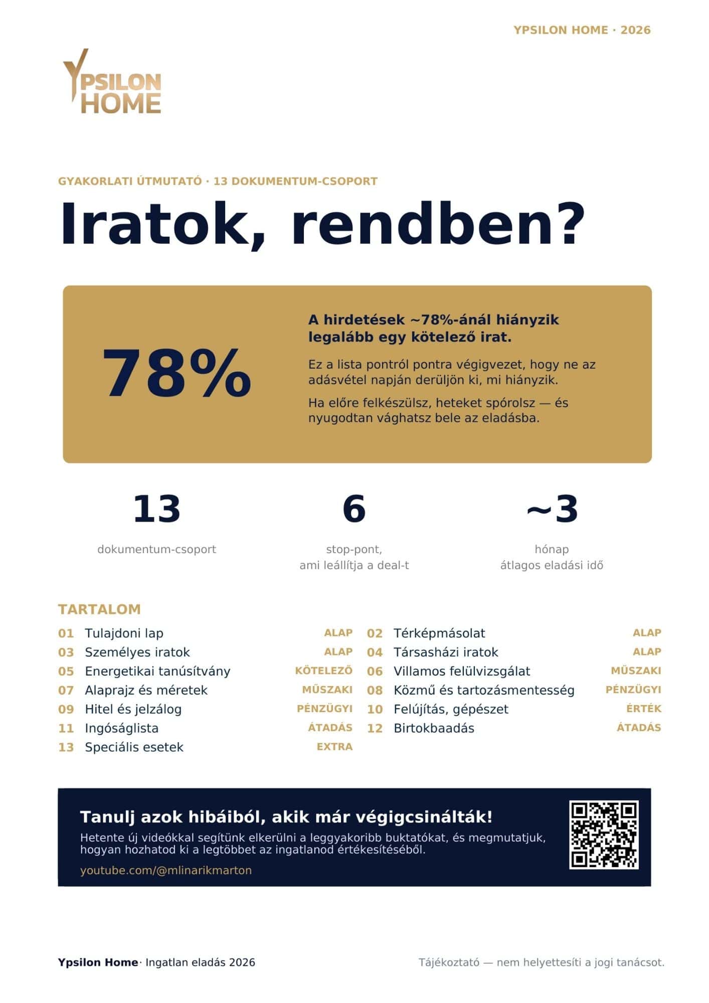 Az útmutató tartalomjegyzéke a 13 dokumentumcsoporttal