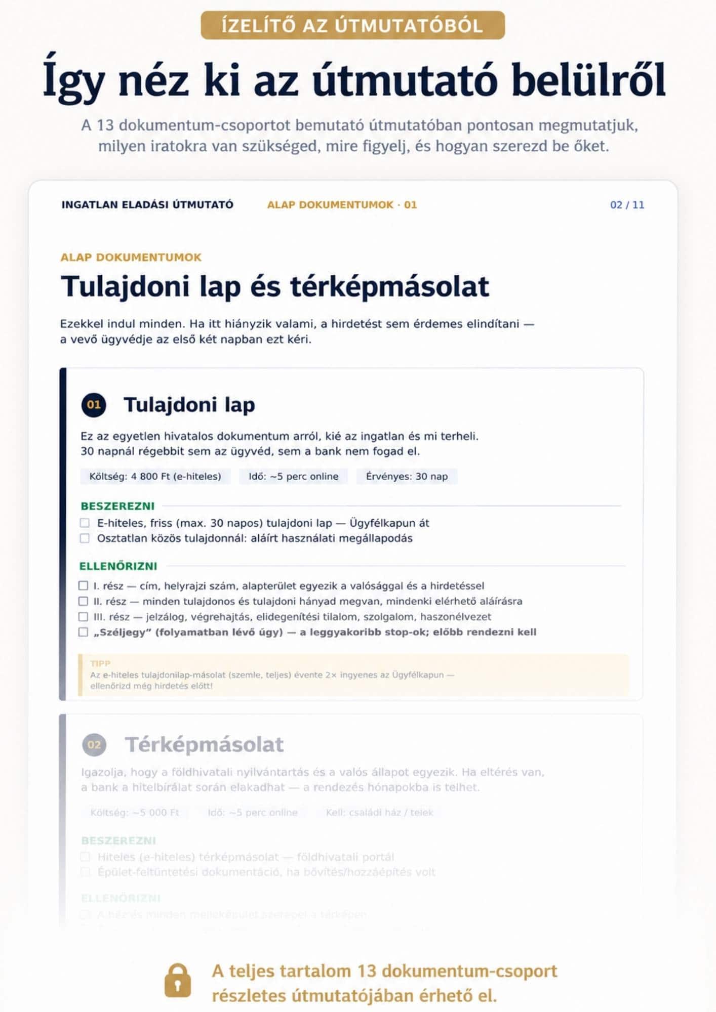 Részlegesen kitakart belső oldal az ingatlaneladási dokumentációs útmutatóból